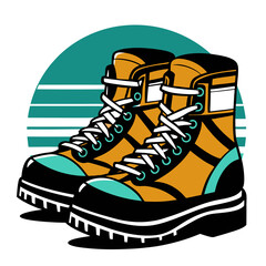 Stylized hiking boots in yellow and green colors for nature enthusiast t-shirt print