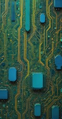 Fototapete - a close-up view of a circuit board with various electronic components, including a central processor, connected by a network of yellow and green wires.