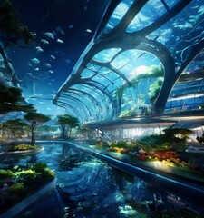 Fototapete - a futuristic underwater city with a curved glass ceiling, a large pool of water, and a variety of plants and marine life.
