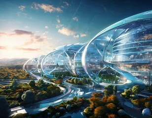 Fototapete - The image presents a futuristic architectural design, featuring a series of curved glass buildings set against a backdrop of a vibrant sunset sky and lush greenery.