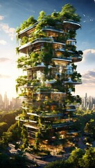 Poster - a towering residential building with a unique, vertical design, surrounded by a lush, verdant landscape and a city skyline in the background.