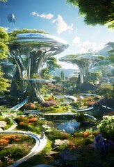 Poster - a futuristic cityscape with towering, mushroom-shaped structures, lush greenery, and a winding path leading through the landscape.