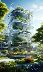 Aufkleber - a futuristic architectural design with a curved glass facade, multiple levels of greenery, and a garden-like setting with trees and flowers.