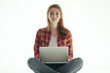 © HEPJAM ai & 3D PNG - Happy relax time , young woman using laptop sitting on white background