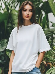 Wall Mural - Oversized Blank White Tee Shirt Mockup on Fashion Model with Jeans and Plant Background 