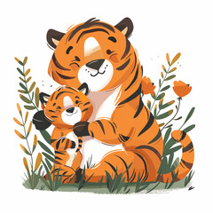 Poster - A mother tiger is holding her baby tiger. The scene is peaceful and heartwarming, showing the bond between a mother and her child