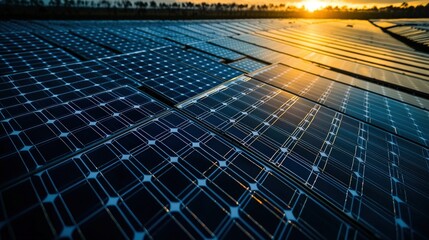 Solar panels in a vast solar farm, harnessing the power of solar energy, representing green technology and sustainability.