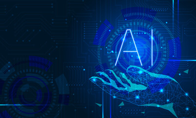 Artificial Intelligence concept. Futuristic tech neon blue banner with copy space. Hand made of triangles. Vector stock illustration.