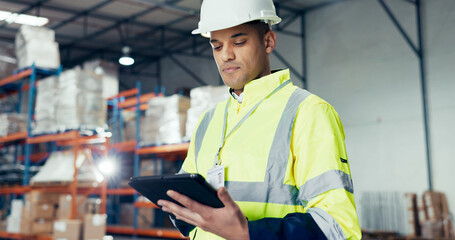 Poster - Distribution, tablet and supply chain with man in warehouse for logistics, freight or shipping. Export, delivery or cargo storage with digital checklist for customs compliance in inventory management