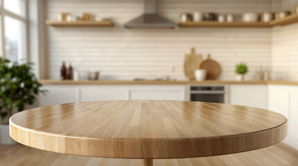 Poster - Empty round wooden tabletop with blurred kitchen background
