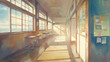 © umeno - 木漏れ日が揺れる懐かしい学校の廊下 – 柔らかな光が描く水彩画