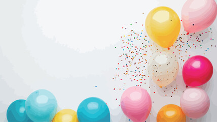 Colorful balloons and ribbons celebrate the scene, including blue, pink, yellow and white balloons scattered on a white background, surrounded by small colored ribbons.
