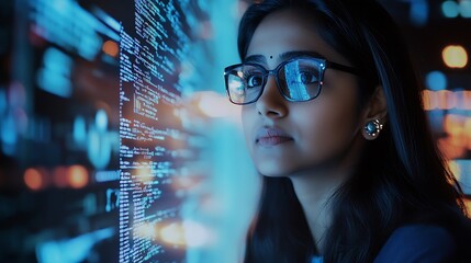A young woman with long black hair and glasses looks intently at a screen filled with lines of code. The screen is illuminated with blue light,