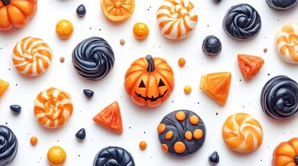 Wall Mural - A colorful Halloween candy pattern featuring different shapes and sizes of sweets, ideal for festive designs, on a white background