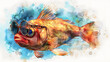 © john - The fish with sunglasses is drawn in a watercolor style. Illustration for cover, card, postcard, interior design, decor or print.