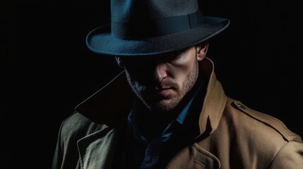 Wall Mural - Mysterious Detective in Shadowy Silhouette wears a Fedora Hat and Trench Coat on black background