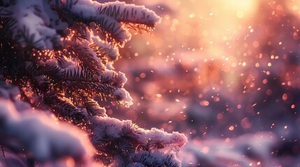 winter forest with fir tree covered in fluffy snow, pink light