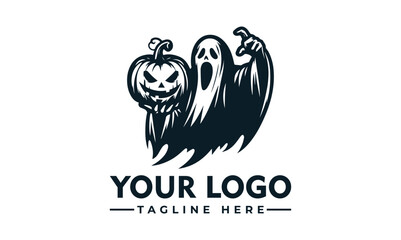 Ghost holding pumpkin with scary face vector logo Ghostly figure holding a spooky pumpkin with a carved face. Ideal for Halloween designs, seasonal promotions, and hauntedthemed projects