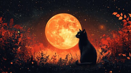 A Halloween banner with a mysterious black cat sitting in front of a full moon, web elements around, on a white background