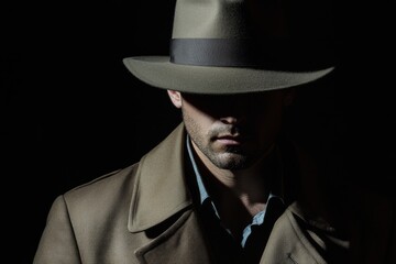 Wall Mural - Mysterious Detective in Shadowy Silhouette wears a Fedora Hat and Trench Coat on black background