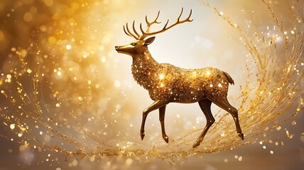 Wall Mural - Golden Reindeer Standing on Sparkling  Abstract  Background with Golden Lights