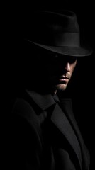 Wall Mural - Mysterious Detective in Shadowy Silhouette wears a Fedora Hat and Trench Coat on black background