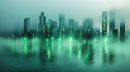 Misty cityscape with green glowing lights reflecting in water