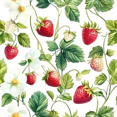 Sticker - Watercolor Seamless Pattern with Strawberries and Flowers