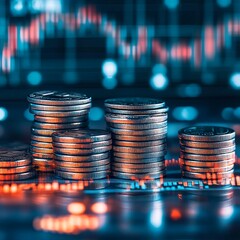 Wall Mural - Double exposure stacks of coins with stock market board and financial graph for business and financial concept idea. shallow focus.