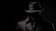 © Yeivaz - Mysterious Detective in Shadowy Silhouette wears a Fedora Hat and Trench Coat on black background