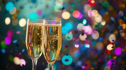 two champagne flutes with colorful bokeh an confetti in the background, festive celebration