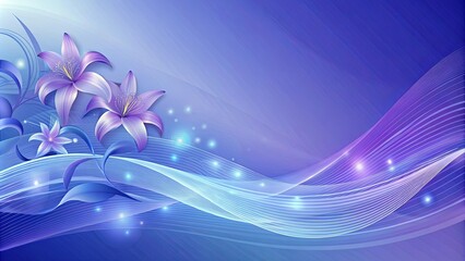 Wall Mural - Abstract lavender-blue gradient background with wave patterns and glowing lily shapes