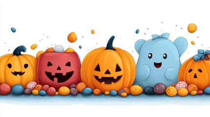 Wall Mural - A kawaii Halloween vector featuring cartoon characters in costumes, surrounded by candy, on a white background