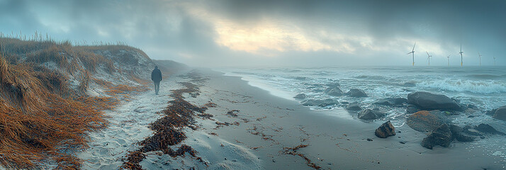 Wall Mural - a panoramic view of a misty beach on a foggy day with soft sand and earthy tones, cragy rocks out in the water, and off-shore wind turbines in the far distance