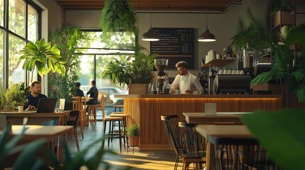 A cozy coffee shop with wooden tables, warm lighting, and lots of greenery. Several people are working remotely on their laptops, sipping coffee, while others are chatting.