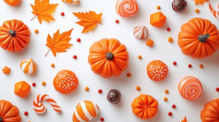 A simple and clean Halloween candy pattern with traditional sweets, like candy canes and bonbons, on a white background