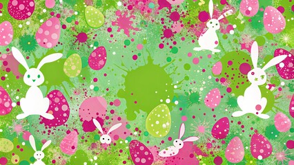 Wall Mural - Vibrant Easter-themed splatter patterns in pink and green with bunny elements