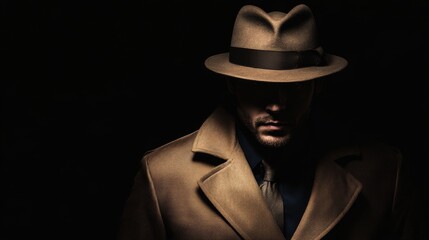 Wall Mural - Shadowy silhouette of a man wearing a stylish hat and coat stands against a deep and dark background