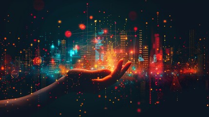 A hand holding an icon, surrounded by digital icons and graphs representing online business management on a dark background with a cityscape in the style of futuristic technology