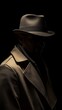 © Yeivaz - Shadowy silhouette of a man wearing a stylish hat and coat stands against a deep and dark background