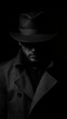 © Yeivaz - Shadowy silhouette of a man wearing a stylish hat and coat stands against a deep and dark background