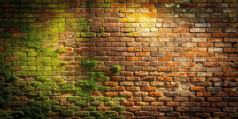 Weathered brick wall with light, shadow, rust, and moss interplay