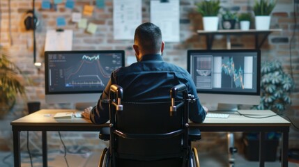 A man in a wheelchair is sitting at a desk with two computer monitors