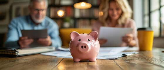 Close up focus on small piggybank on table with blurred middle aged old family couple doing financial paperwork, managing household budget or planning investment on background,