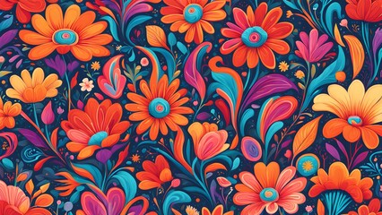 Colorful floral pattern with bright orange, red, yellow, and blue flowers and leaves on a dark blue background.