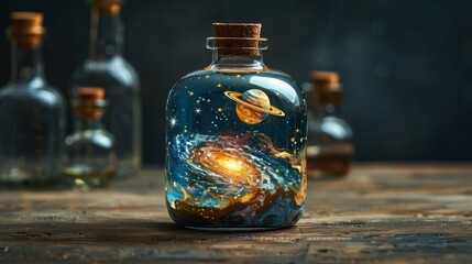 A round glass bottle, sealed with a cork, contains a miniature universe. 