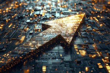 Wall Mural - A 3D arrow made of metallic material pointing forward, set against a futuristic cityscape background. 