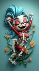 Poster - Cheerful Skeleton Girl with Flowers