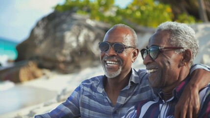 Two men are sitting on the beach, smiling and wearing sunglasses