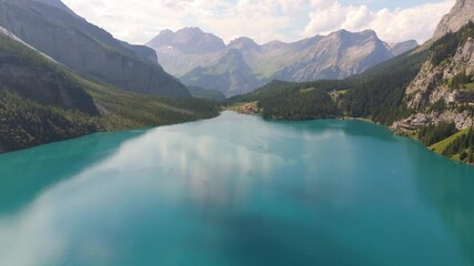 Sticker - Aerial footage of the scenic Alpine Oeschinen Lake (Oeschinensee) in Kandersteg, Switzerland